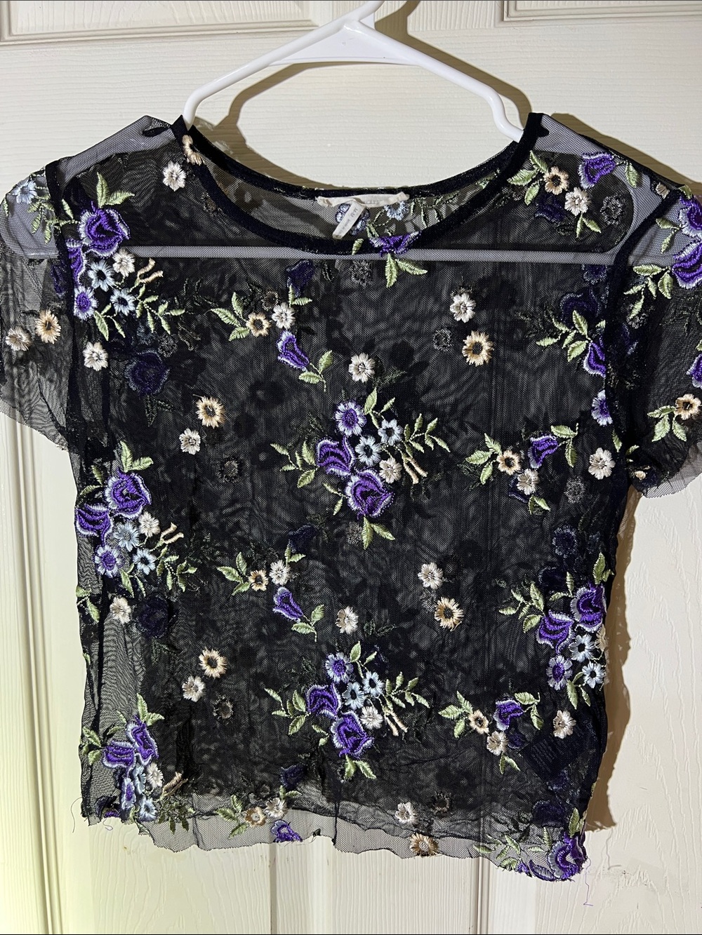 Urban Outfitters Black Sheer Mesh Top with Purple & Cream Floral Embroidery